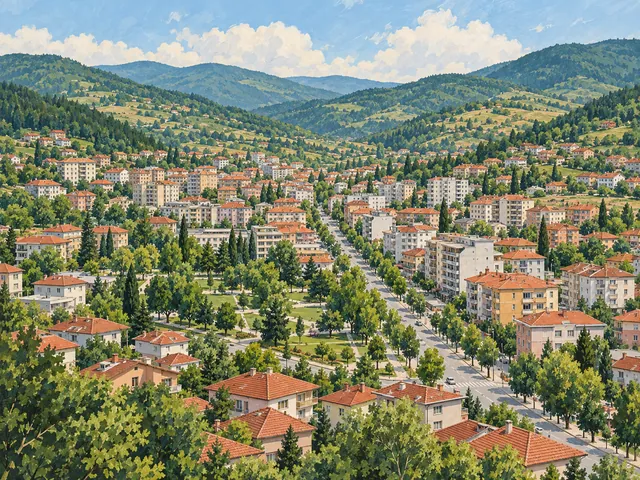 Mestanlı (Momçilgrad) bölgesi için yerleşim ve tepeler illüstrasyonu